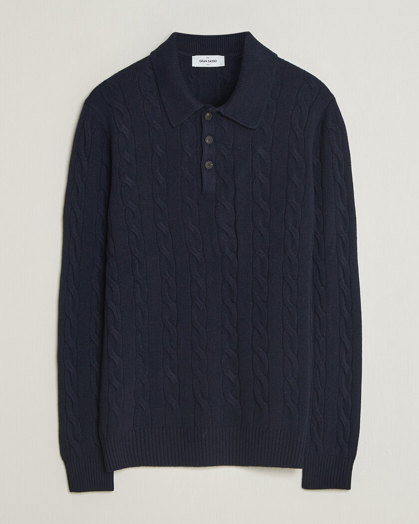 Gran Sasso Wool/Cashmere Cable Polo Navy – Blå