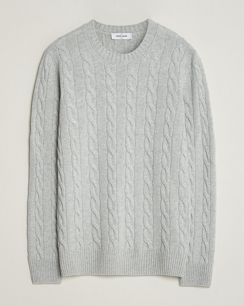 Gran Sasso Wool/Cashmere Cable Crew Neck Light Grey Melange – Grå