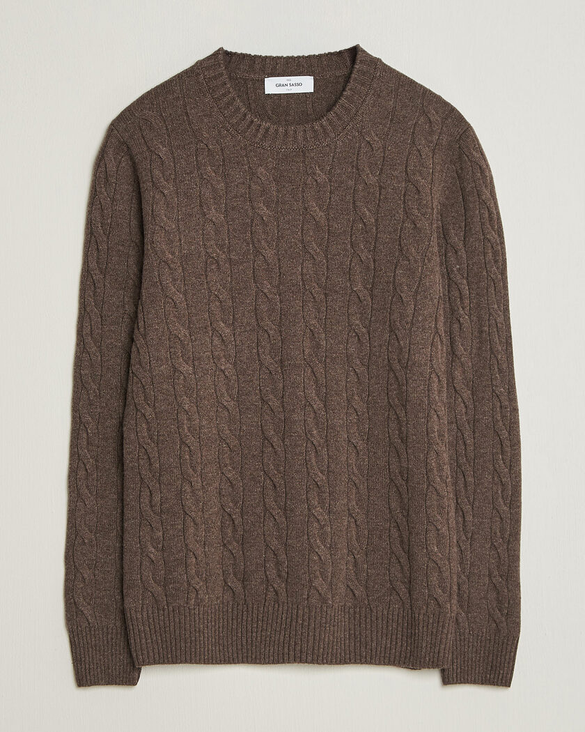 Gran Sasso Wool/Cashmere Cable Crew Neck Dark Brown Melange – Brun