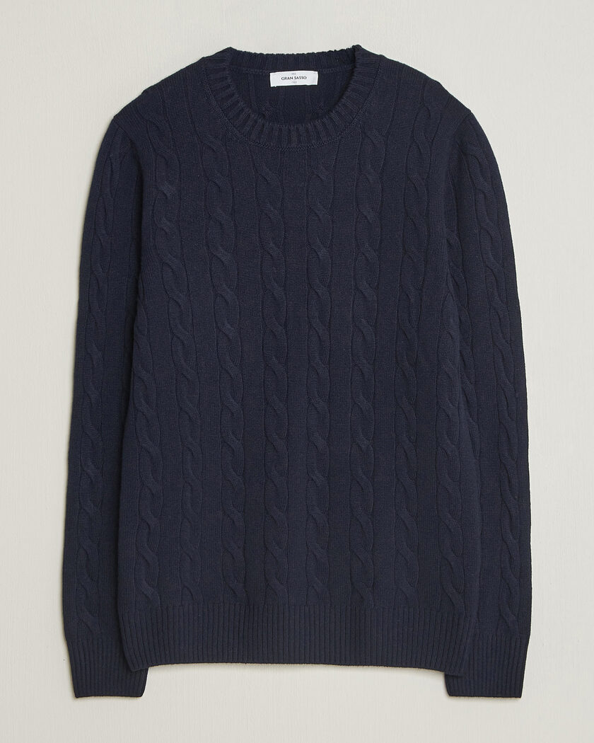 Gran Sasso Wool/Cashmere Cable Crew Neck Navy – Blå