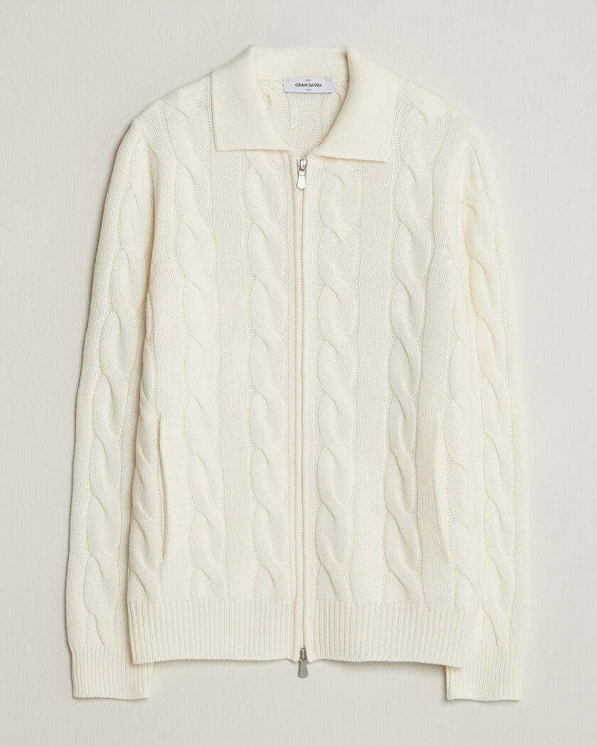 Gran Sasso Wool/Cashmere Cable Full Zip Cream – Hvit