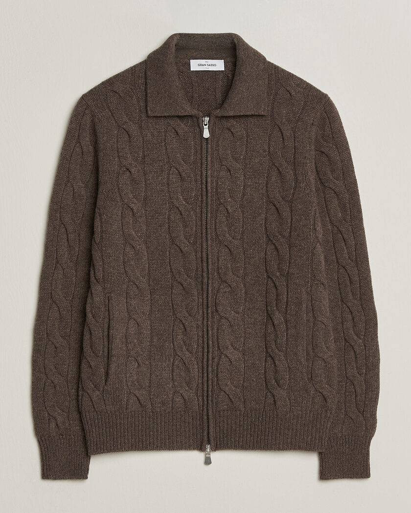 Gran Sasso Wool/Cashmere Cable Full Zip Dark Brown Melange – Brun