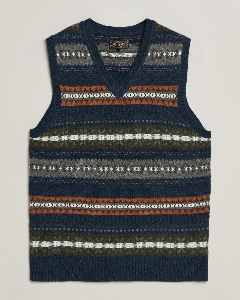 BEAMS PLUS Fair Isle Knit Vest Navy – Blå