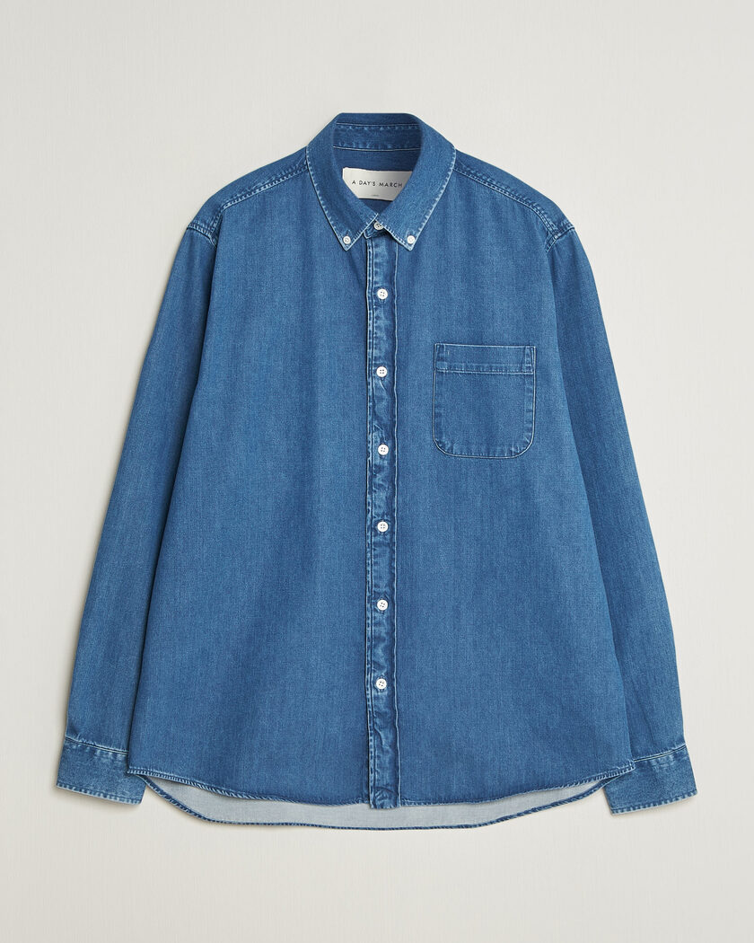 A Day's March Original Button Down Denim Shirt Mid Blue – Blå