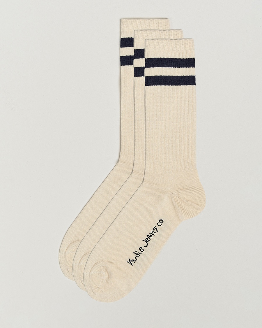Nudie Jeans 3-pack Amundsson Tennis Socks Off White/Navy – Hvit