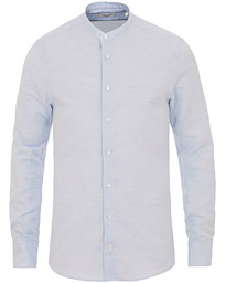  Slimline Cotton/Linen Grandad Collar Shirt Light Blue