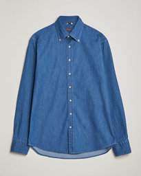  Fitted Body Button Down Garment Washed Shirt Mid Blue Denim