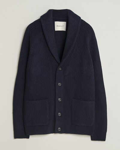 Gant Wool/Cotton Ribbed Shawl Collar Cardigan Evening Blue
