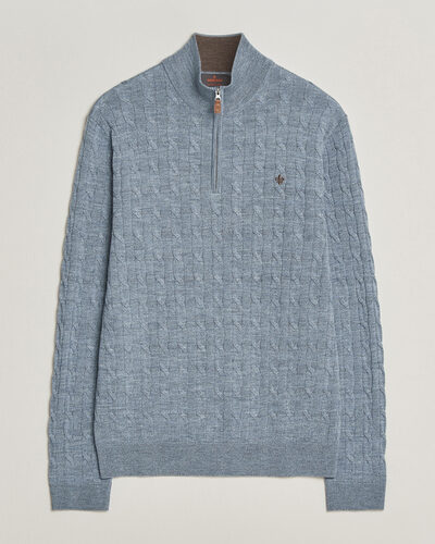 Morris Merino Cable Half Zip Light Blue