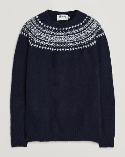 Harley Of Scotland Brushed Supersoft Lambswool Yolk Fairisle Navy/Snow White