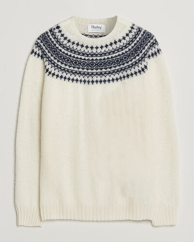 Harley Of Scotland Brushed Supersoft Lambswool Yolk Fairisle Snow White/Navy
