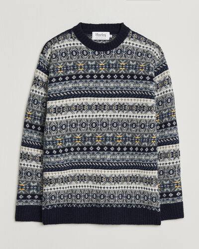 Harley Of Scotland Supersoft 2ply Lambswool Fairisle Crew Navy