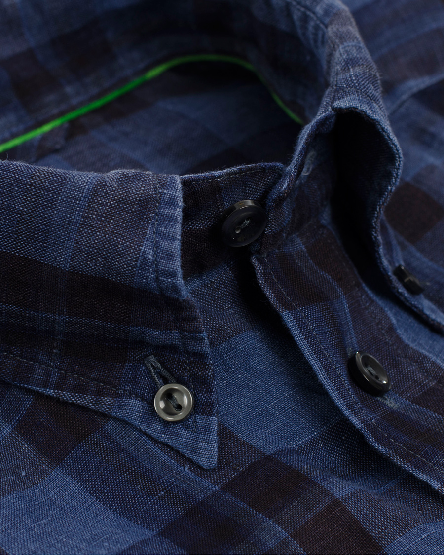 Herre | Skjorter | Eton | Slim Fit Shirt Green Ribbon Linen Check Navy