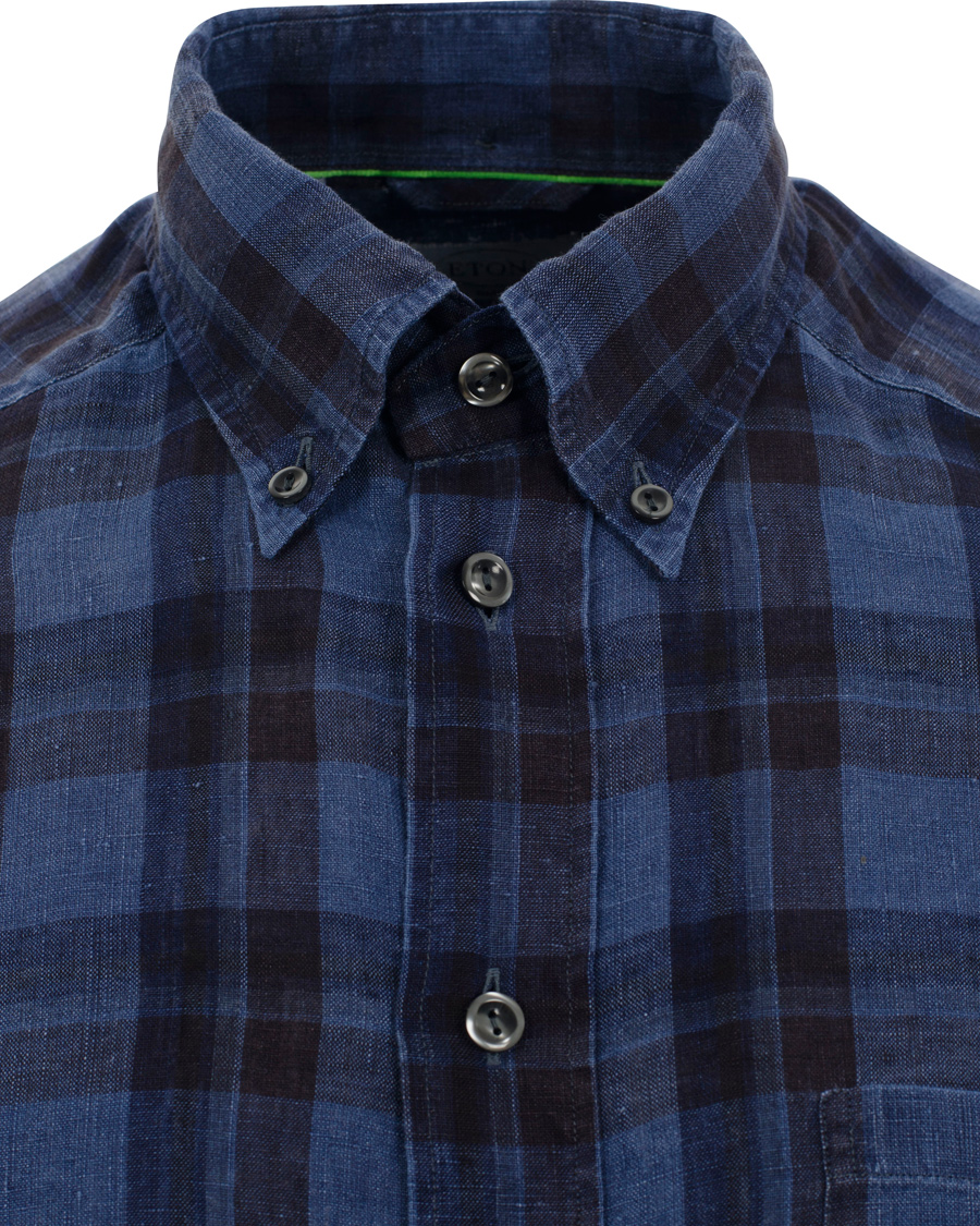 Herre | Skjorter | Eton | Slim Fit Shirt Green Ribbon Linen Check Navy