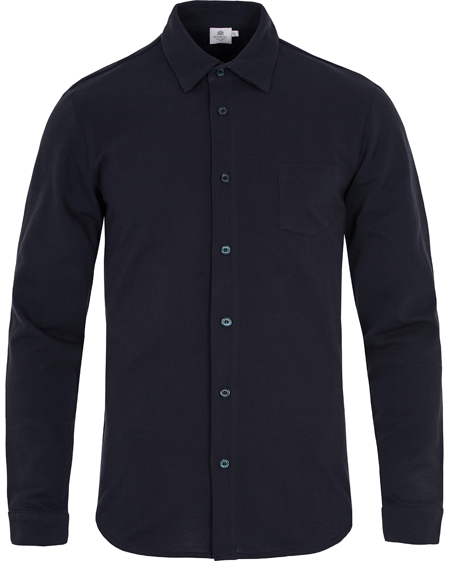 Herre | Skjorter | Sunspel | Long Sleeve Pique Shirt Navy