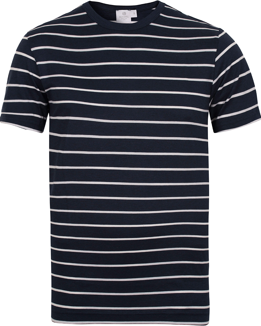 Herre | T-Shirts | Sunspel | Thin Stripe Crew Neck Tee Navy Melange/White