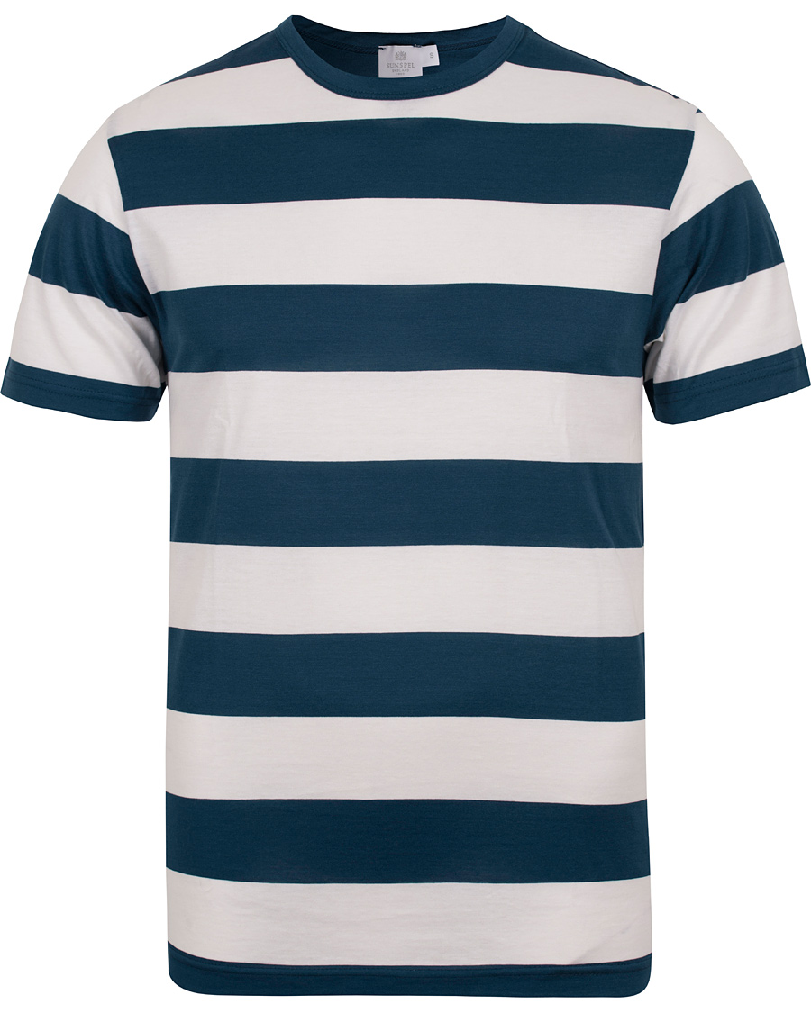 Herre | T-Shirts | Sunspel | Large Stripe Crew Neck Tee Falcon/White Stripe