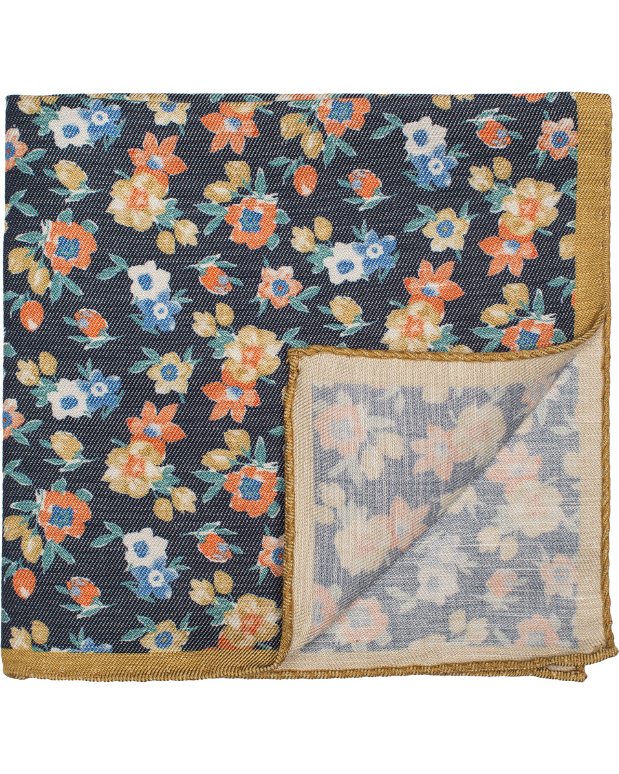 Herre | Oscar Jacobson Printed Flower Linen/Silk Pocket Square Blue | Oscar Jacobson | Printed Flower Linen/Silk Pocket Square Blue