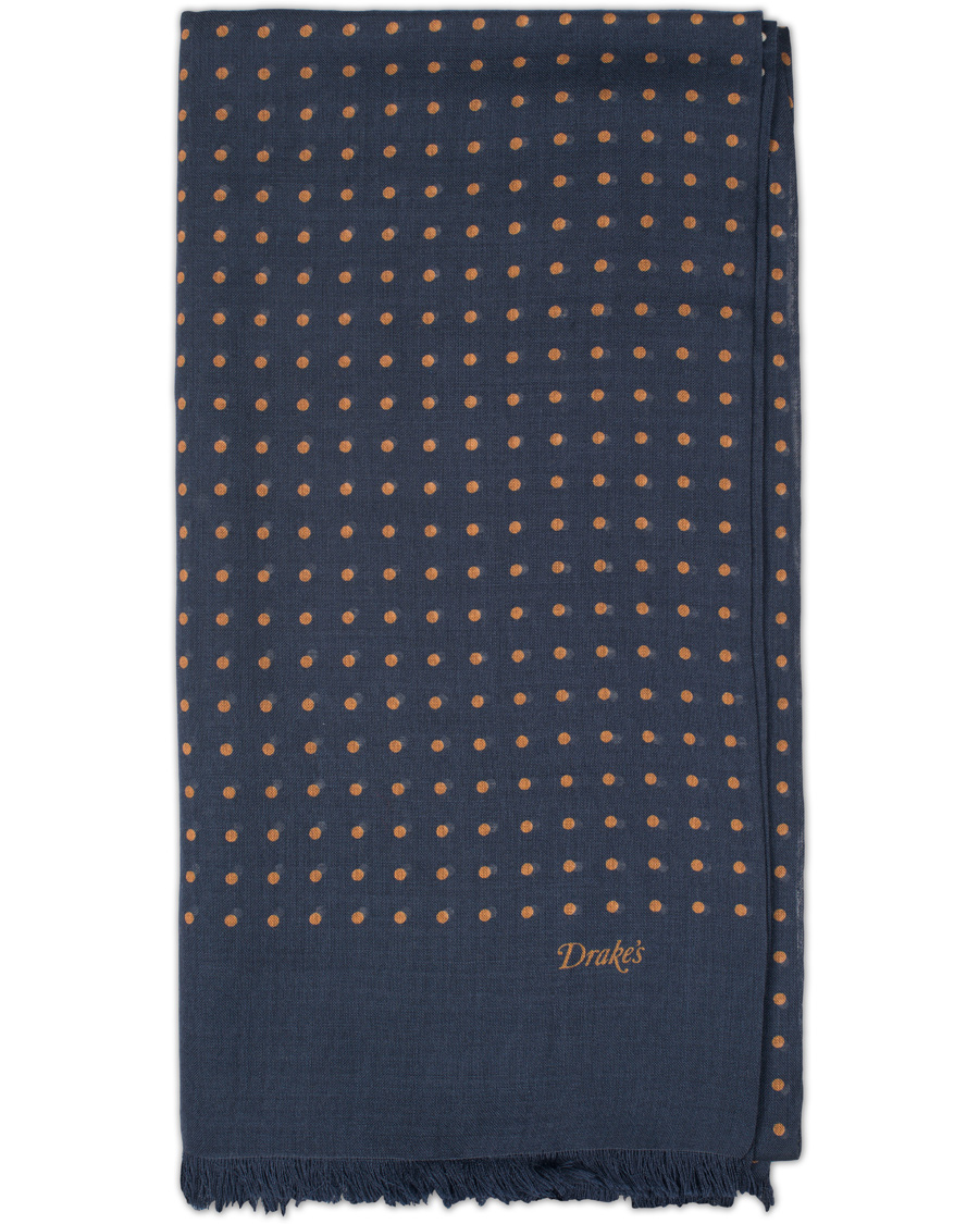 Herre | Drake's Classic Spot Wool/Silk Print Scarf Navy | Drake's | Classic Spot Wool/Silk Print Scarf Navy