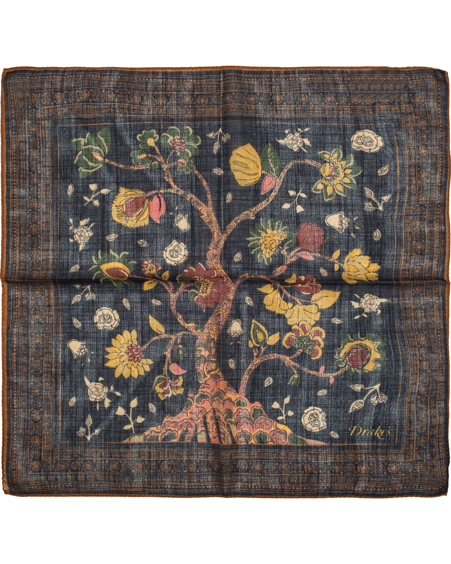 Herre | Drake's Tree of Life Silk Pocket Square Navy | Drake's | Tree of Life Silk Pocket Square Navy