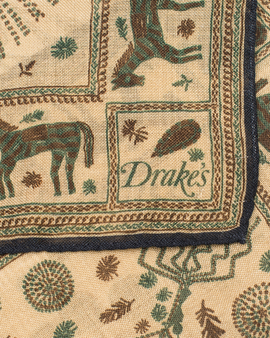 Herre | Drake's Embroided Animal Print Pocket Square Beige | Drake's | Embroided Animal Print Pocket Square Beige