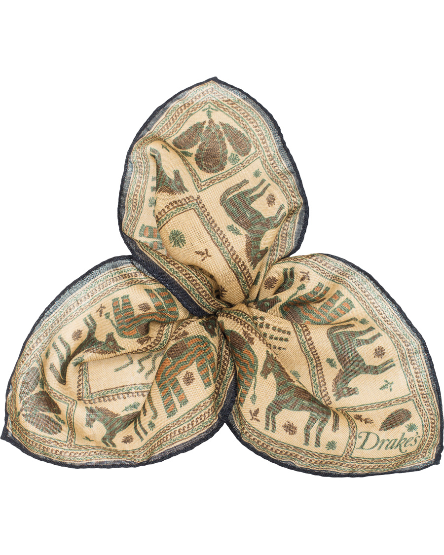 Herre | Drake's Embroided Animal Print Pocket Square Beige | Drake's | Embroided Animal Print Pocket Square Beige
