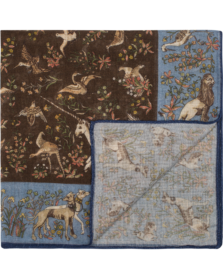 Herre | Drake's Unicorn Pocket Square Blue/Brown | Drake's | Unicorn Pocket Square Blue/Brown