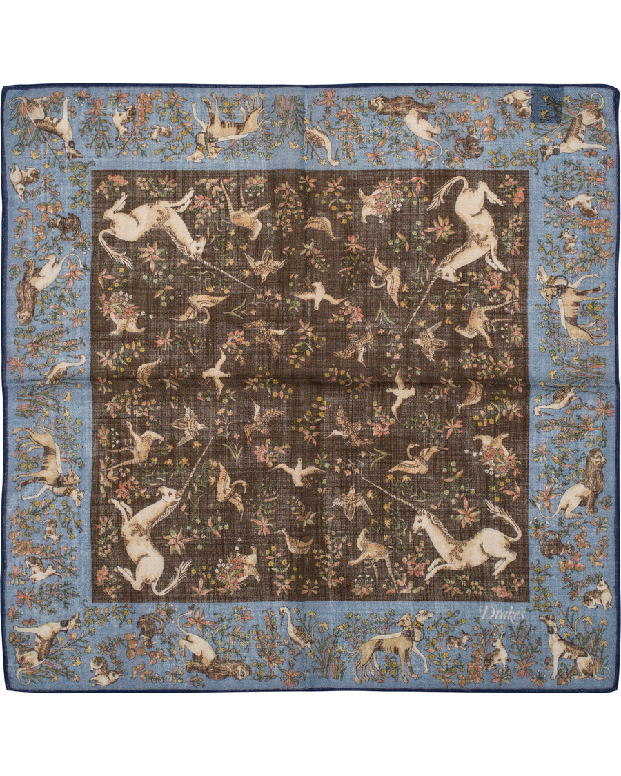 Herre | Drake's Unicorn Pocket Square Blue/Brown | Drake's | Unicorn Pocket Square Blue/Brown