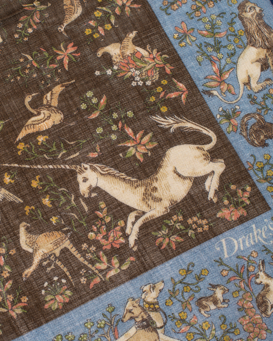 Herre | Drake's Unicorn Pocket Square Blue/Brown | Drake's | Unicorn Pocket Square Blue/Brown