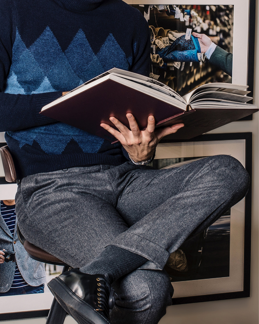 Herre | Bukser | Oscar Jacobson | Dean Turn Up Flannel Trousers Dark Grey