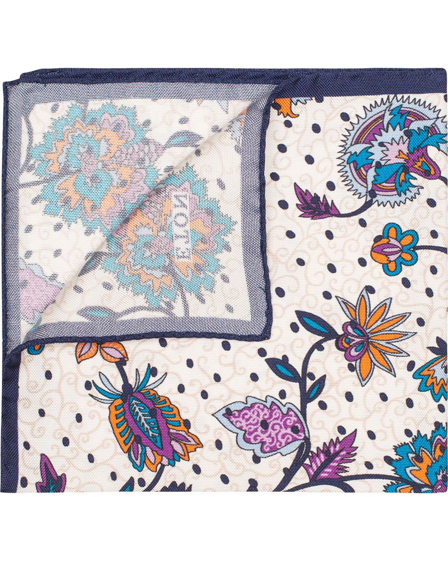 Herre | Eton Big Flower Silk Pocket Square White/Blue | Eton | Big Flower Silk Pocket Square White/Blue
