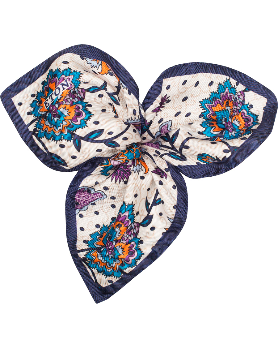 Herre | Eton Big Flower Silk Pocket Square White/Blue | Eton | Big Flower Silk Pocket Square White/Blue