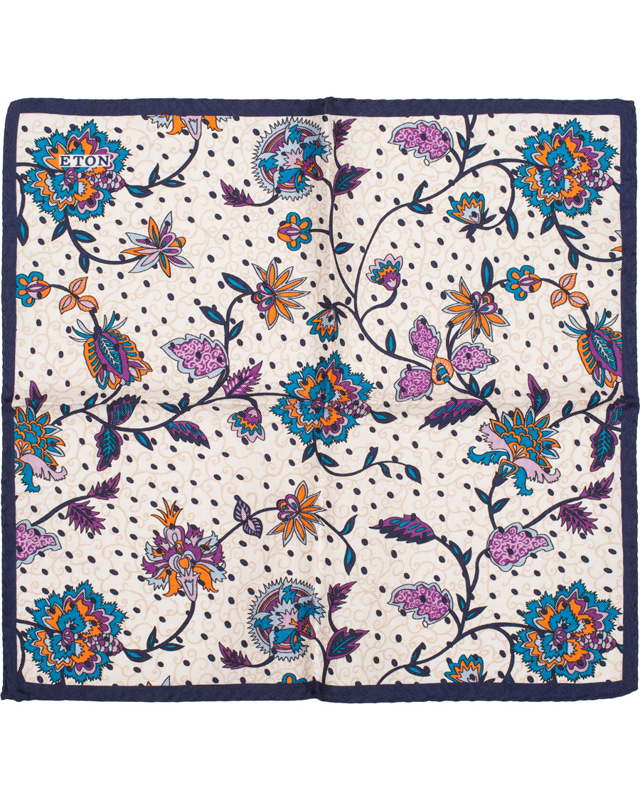 Herre | Eton Big Flower Silk Pocket Square White/Blue | Eton | Big Flower Silk Pocket Square White/Blue