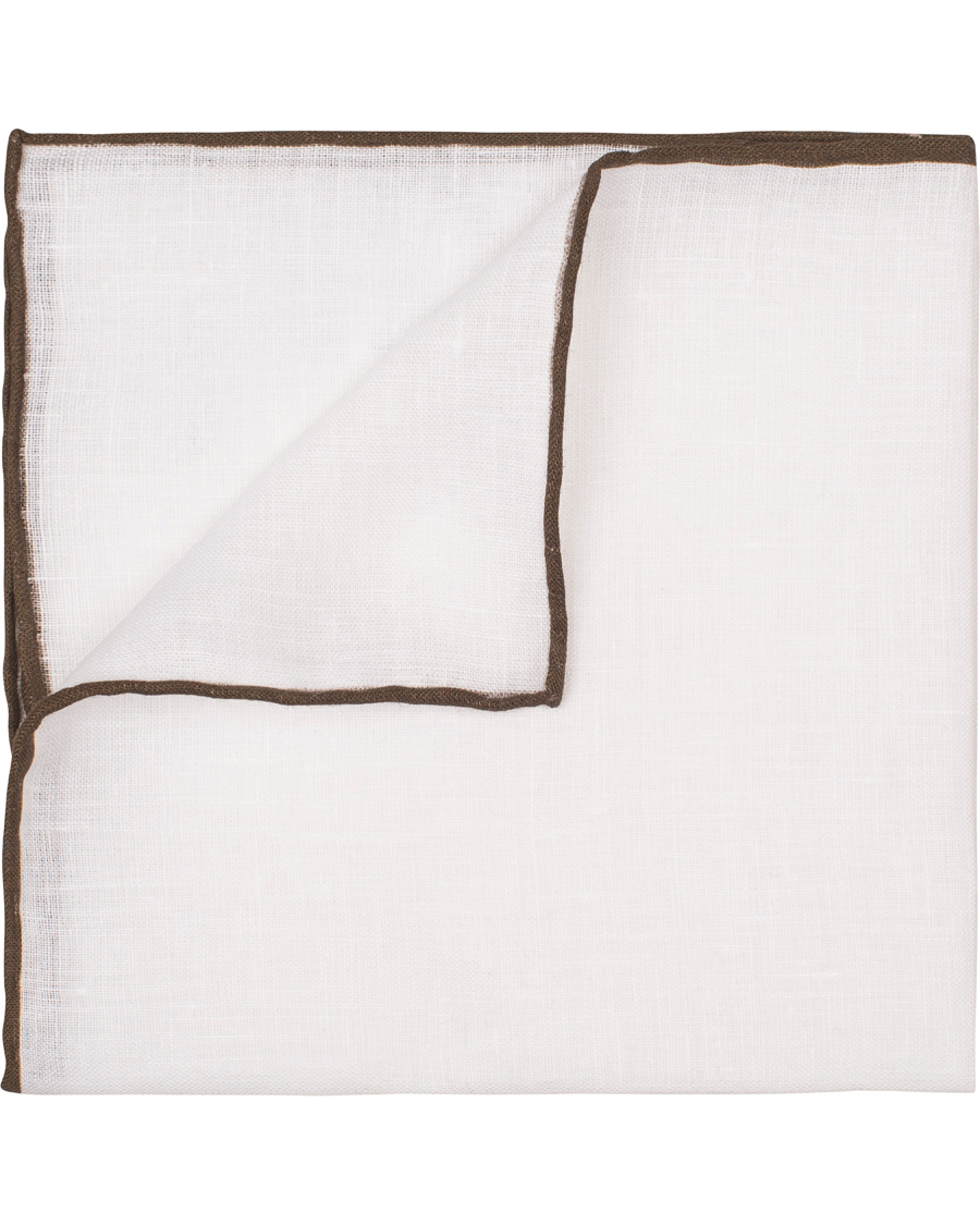 Herre | Eton Linen Hand Rolled Edge Pocket Square White/Brown | Eton | Linen Hand Rolled Edge Pocket Square White/Brown