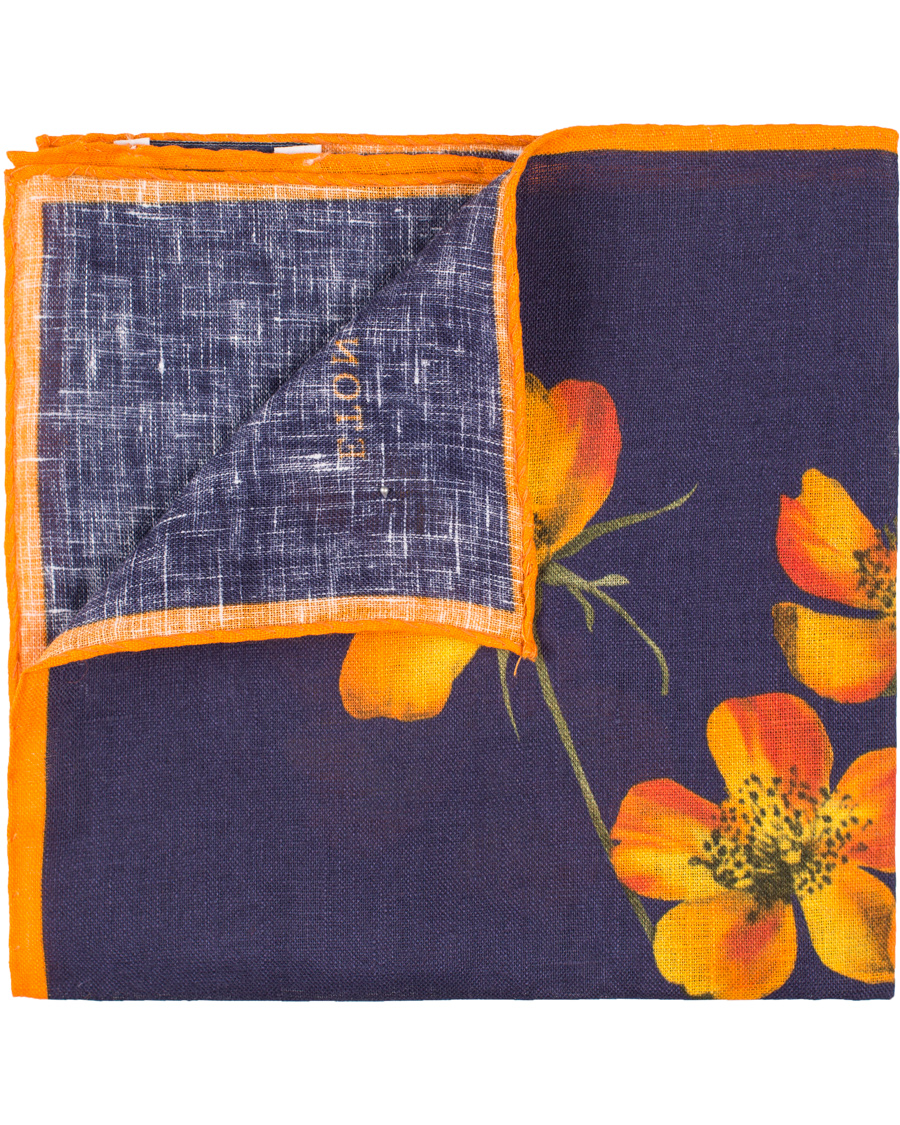 Herre | Eton Linen Printed Flower Pocket Square Navy | Eton | Linen Printed Flower Pocket Square Navy
