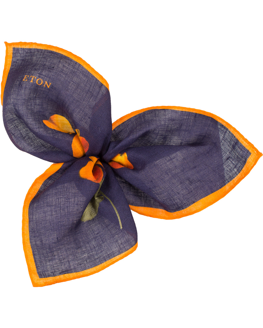 Herre | Eton Linen Printed Flower Pocket Square Navy | Eton | Linen Printed Flower Pocket Square Navy