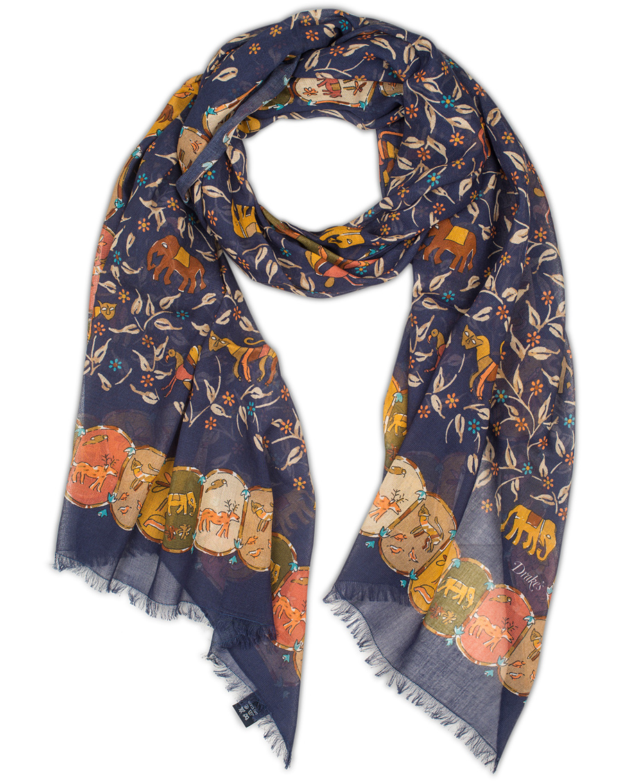Herre | Drake's Cotton/Modal Elephant & Flower Print Scarf Navy | Drake's | Cotton/Modal Elephant & Flower Print Scarf Navy