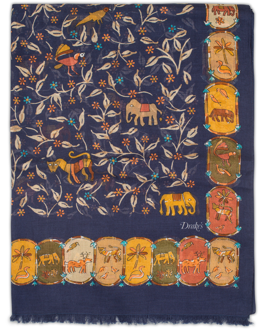 Herre | Drake's Cotton/Modal Elephant & Flower Print Scarf Navy | Drake's | Cotton/Modal Elephant & Flower Print Scarf Navy