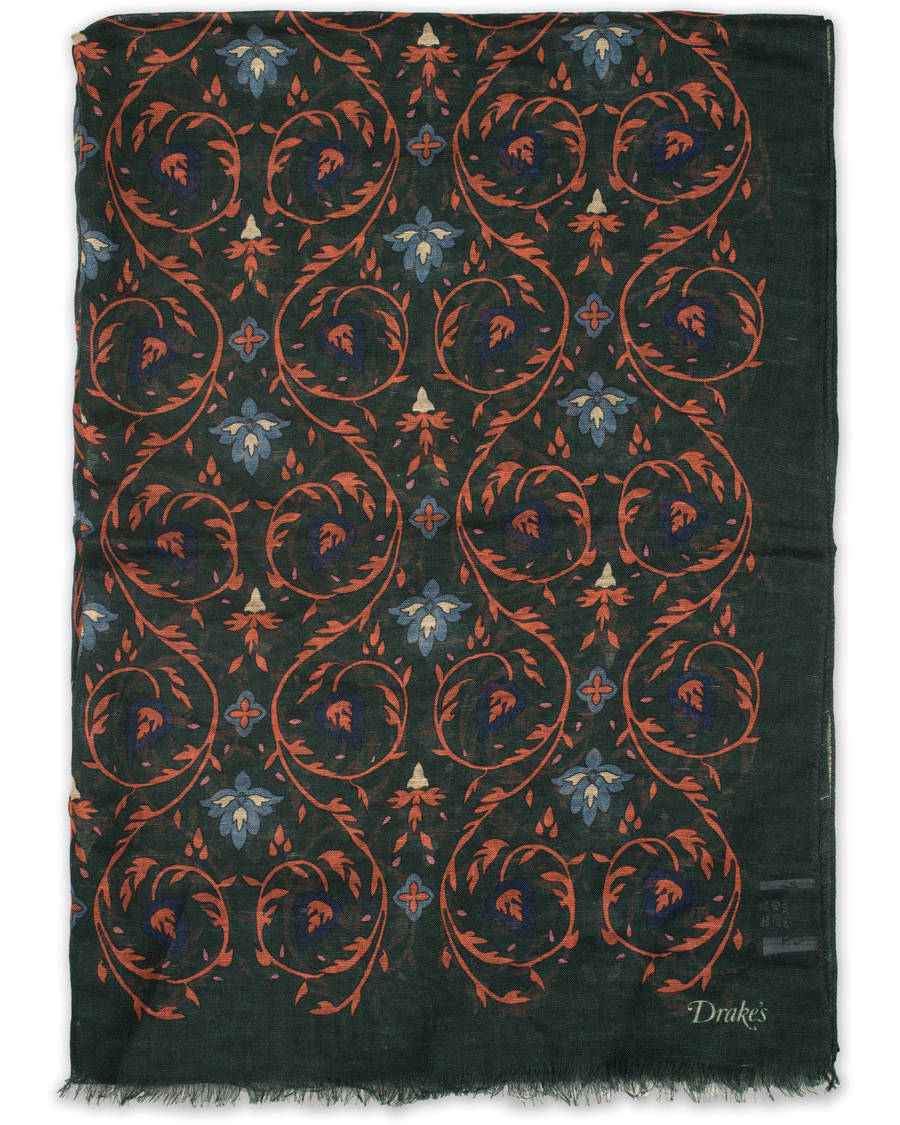 Herre | Drake's Modal/Linen Victorian Floral Print Scarf Green | Drake's | Modal/Linen Victorian Floral Print Scarf Green