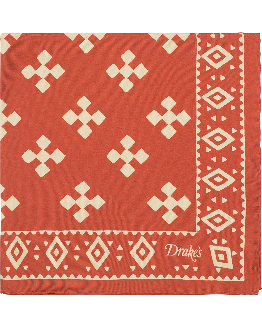 Herre | Drake's Twill Silk Geometrix Printed Pocket Square Red | Drake's | Twill Silk Geometrix Printed Pocket Square Red