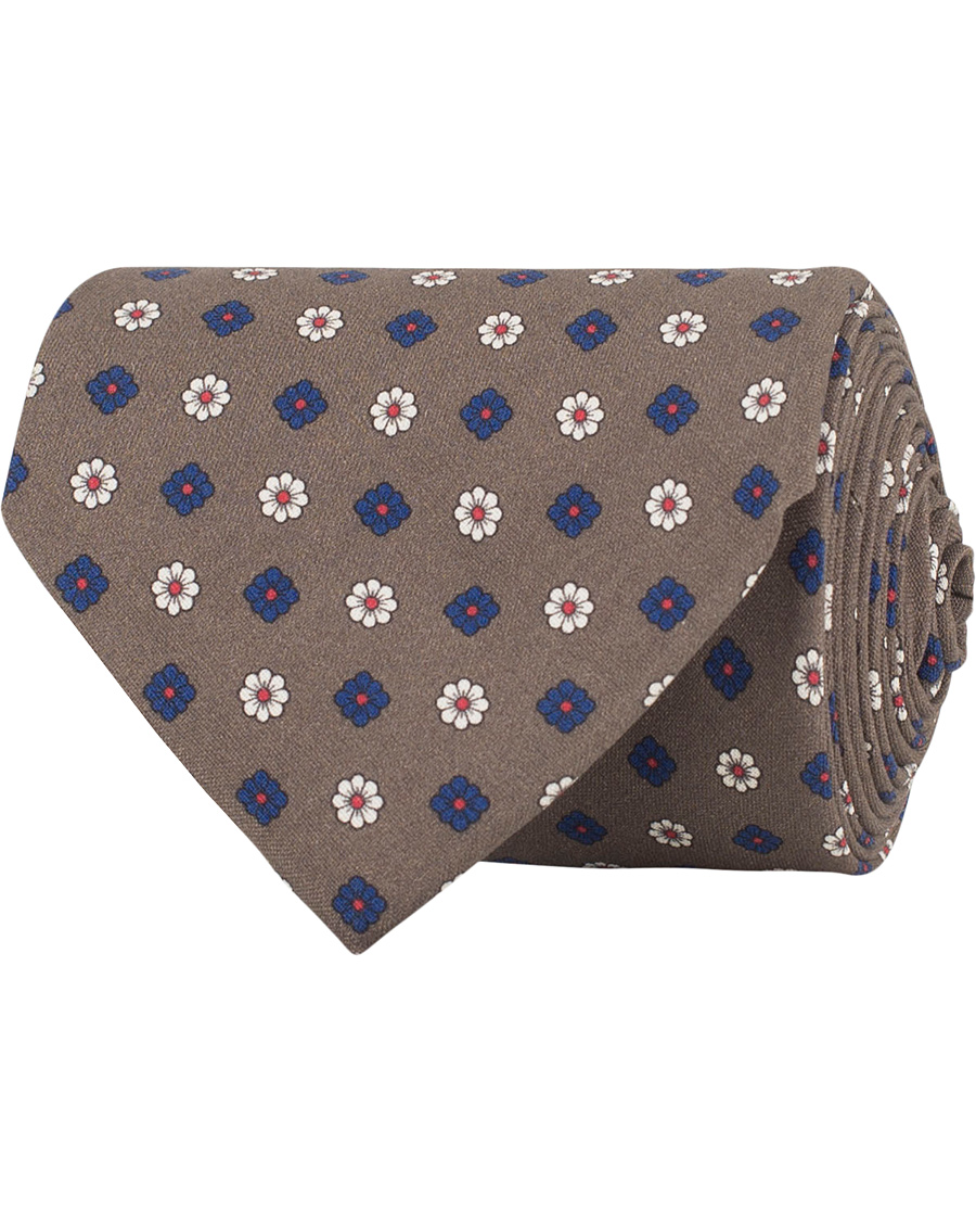 Herre | Drake's Silk Printed Flower 8 cm Tie Brown | Drake's | Silk Printed Flower 8 cm Tie Brown