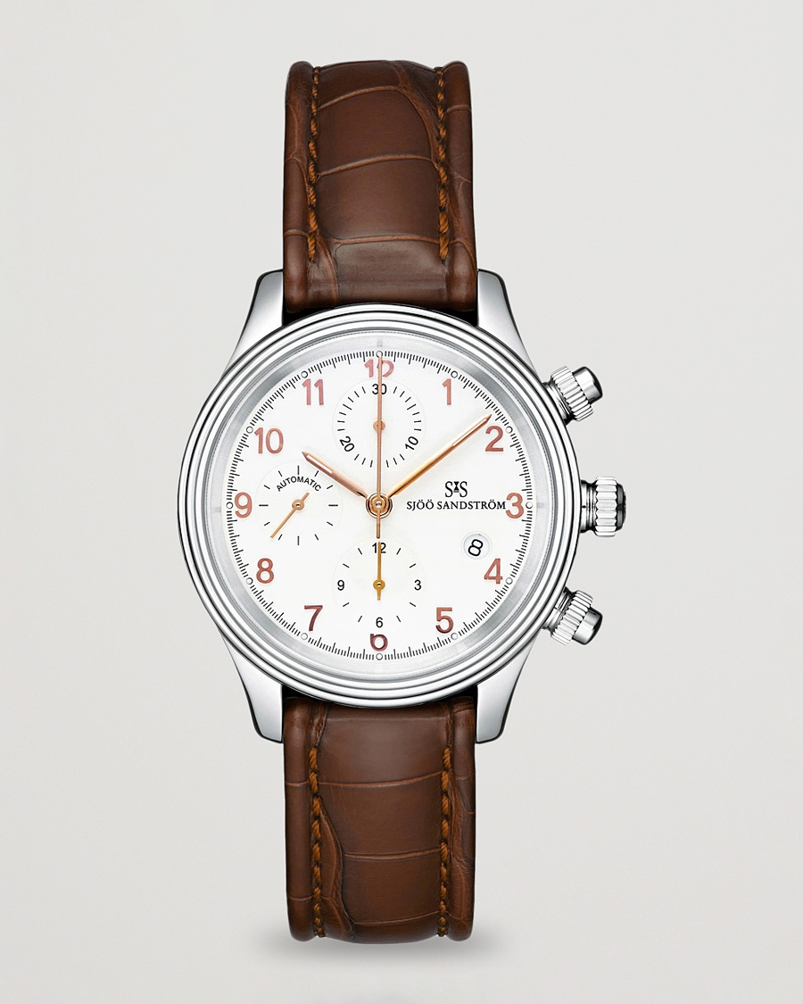Herre | Sjöö Sandström Royal Steel Chronograph 42mm Ivory/Brown Alligator | Sjöö Sandström | Royal Steel Chronograph 42mm Ivory/Brown Alligator