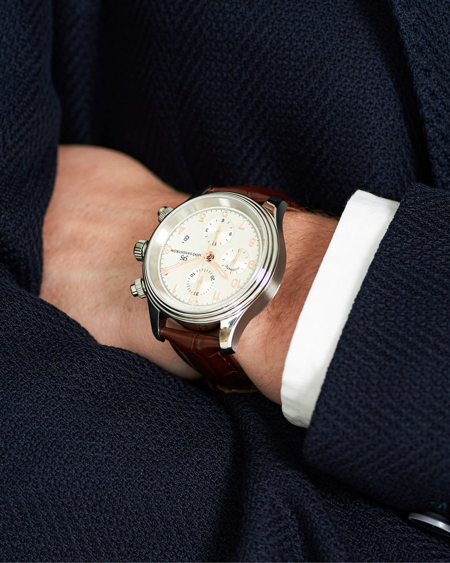 Herre | Sjöö Sandström Royal Steel Chronograph 42mm Ivory/Brown Alligator | Sjöö Sandström | Royal Steel Chronograph 42mm Ivory/Brown Alligator