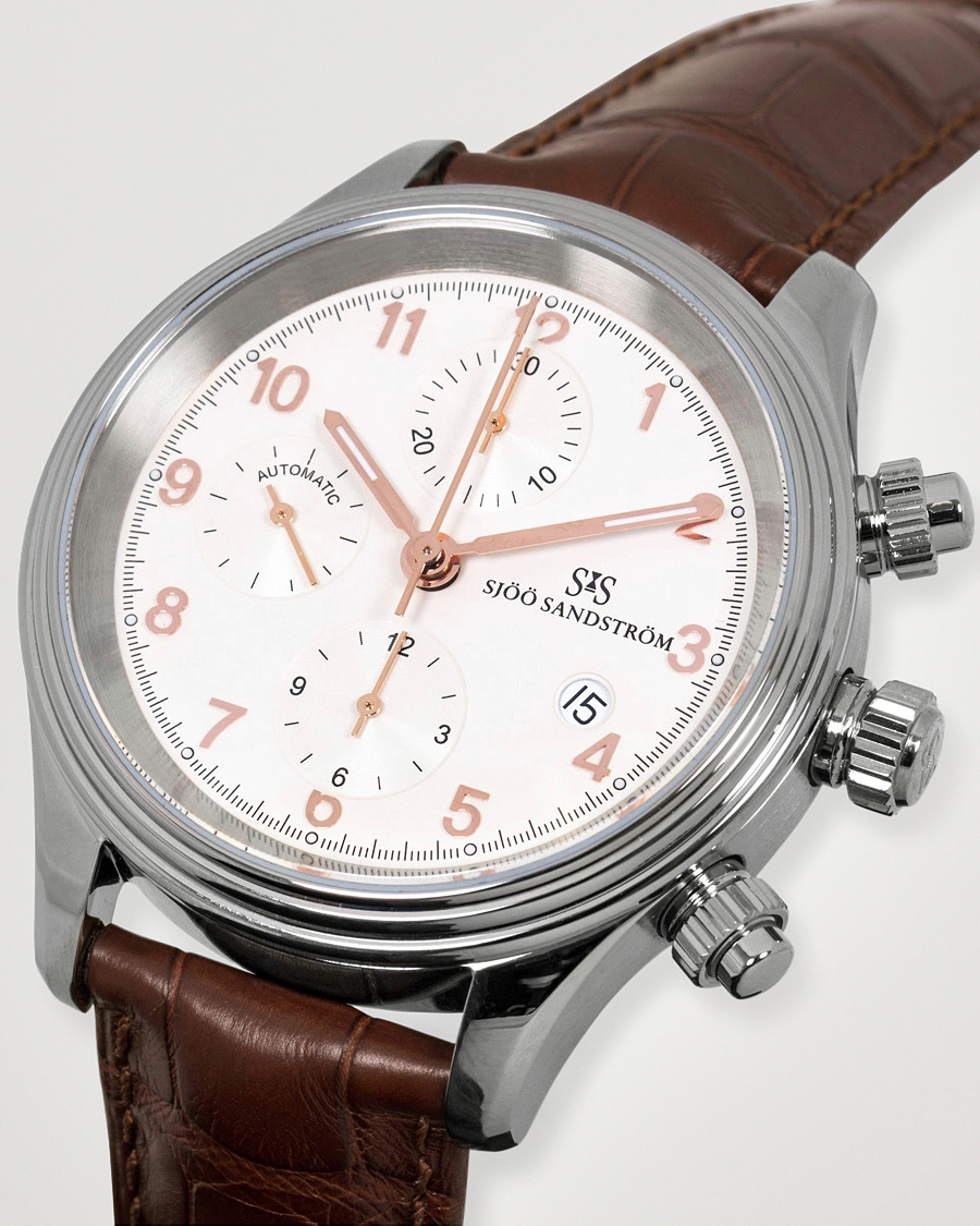 Herre | Sjöö Sandström Royal Steel Chronograph 42mm Ivory/Brown Alligator | Sjöö Sandström | Royal Steel Chronograph 42mm Ivory/Brown Alligator