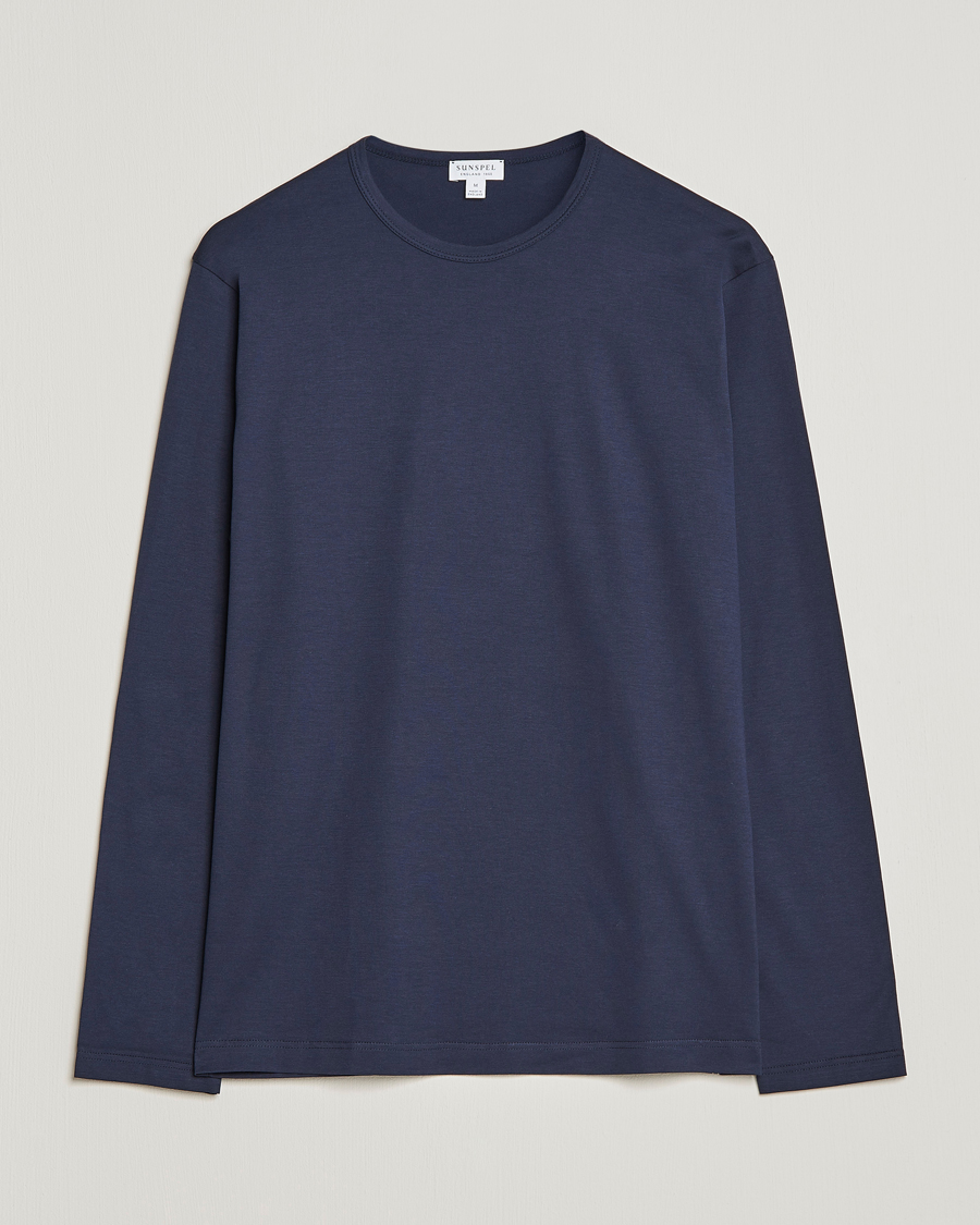 Herre | T-Shirts | Sunspel | Long Sleeve Crew Neck Cotton Tee Navy