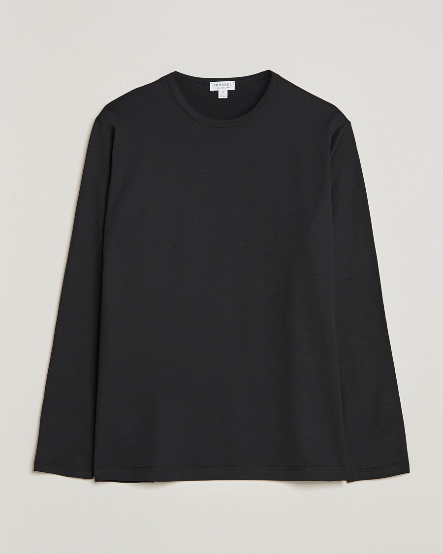 Herre | T-Shirts | Sunspel | Long Sleeve Crew Neck Cotton Tee Black