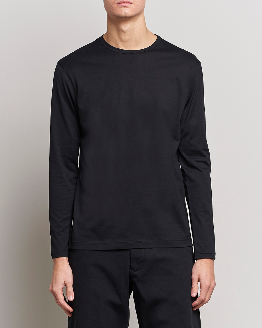 Herre | T-Shirts | Sunspel | Long Sleeve Crew Neck Cotton Tee Black