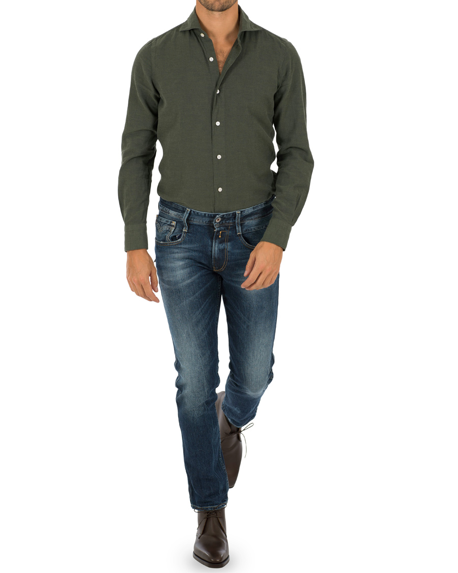Herre | Skjorter | Finamore Napoli | Tokyo Slim Fit Flannel Shirt Olive