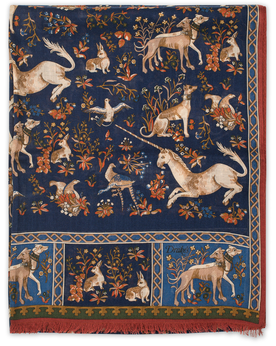 Herre | Drake's Wool/Silk Unicorn Print Scarf Navy/Light Blue | Drake's | Wool/Silk Unicorn Print Scarf Navy/Light Blue