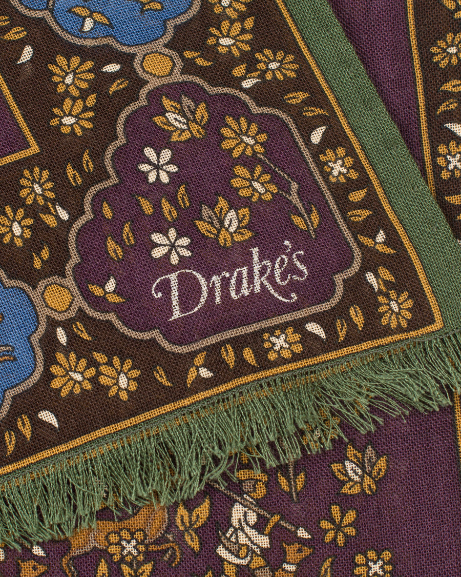 Herre | Drake's Wool/Silk Small Unicorn Print Scarf Purple | Drake's | Wool/Silk Small Unicorn Print Scarf Purple